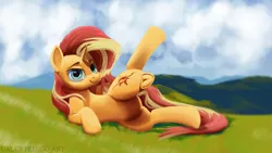 Size: 5334x3000 | Tagged: suggestive, artist:calebpedigo, derpibooru import, sunset shimmer, pony, unicorn, absurd resolution, female, frog (hoof), g4, horn, image, lidded eyes, lifted leg, looking at you, lying down, mare, png, side, smiling, smiling at you, solo, underhoof