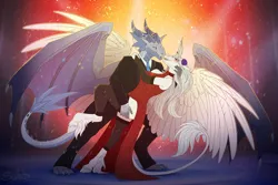 Size: 1600x1067 | Tagged: safe, artist:sunny way, derpibooru import, oc, alicorn, dragon, about to kiss, alicorn oc, blushing, clothes, dancing, dragon oc, dress, evening gloves, gloves, hand on leg, hand on thigh, horn, horn jewelry, horn ring, image, jewelry, leonine tail, long gloves, love, non-pony oc, now kiss, png, red dress, ring, socks, spread wings, suit, tail, thigh highs, wings
