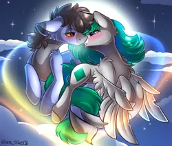 Size: 2451x2080 | Tagged: safe, alternate version, artist:yuris, derpibooru import, oc, oc:emerald stone, oc:otis, unofficial characters only, earth pony, pegasus, pony, alternate character, blushing, clothes, ears up, female, floppy ears, flying, full moon, image, imminent kissing, magic, magic aura, male, moon, night, png, shipping, sky