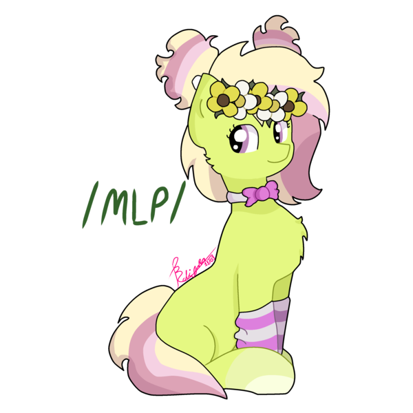 Size: 3072x3072 | Tagged: safe, artist:kalienka, ponerpics import, ponybooru import, oc, earth pony, pony, friendship is magic, /mlp/, 4chan, blonde, blonde mane, blonde tail, bowtie, digital art, drawing, female, filly, flower, flower in hair, fluffy, foal, green fur, image, looking at you, my little pony, photo, png, simple background, solo