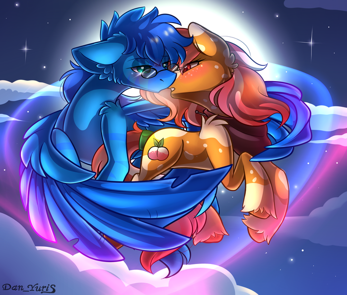 Size: 2451x2080 | Tagged: safe, alternate version, artist:yuris, derpibooru import, oc, oc:peachy snaps, oc:steel warden, unofficial characters only, earth pony, pegasus, pony, alternate character, blushing, clothes, ears up, female, floppy ears, flying, full moon, glasses, image, imminent kissing, magic, male, moon, night, png, shipping, sky