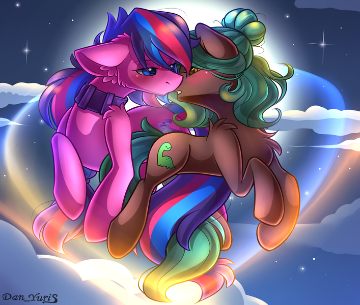 Size: 2451x2080 | Tagged: safe, alternate version, artist:yuris, derpibooru import, oc, oc:serenity pond, unofficial characters only, earth pony, pony, alternate character, blushing, clothes, ears up, female, floppy ears, flying, full moon, image, imminent kissing, magic, male, moon, night, png, rule 63, shipping, sky