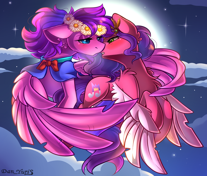Size: 2451x2080 | Tagged: safe, alternate version, artist:yuris, derpibooru import, pipp petals, oc, oc:crystal, unofficial characters only, pegasus, pony, g5, alternate character, blushing, clothes, ears up, female, floppy ears, flying, full moon, image, imminent kissing, lesbian, moon, night, png, shipping, sky, solo, solo female
