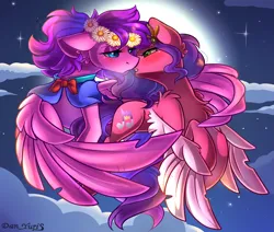 Size: 2451x2080 | Tagged: safe, alternate version, artist:yuris, derpibooru import, pipp petals, oc, oc:crystal, unofficial characters only, pegasus, pony, g5, alternate character, blushing, clothes, ears up, female, floppy ears, flying, full moon, image, imminent kissing, lesbian, moon, night, png, shipping, sky, solo, solo female