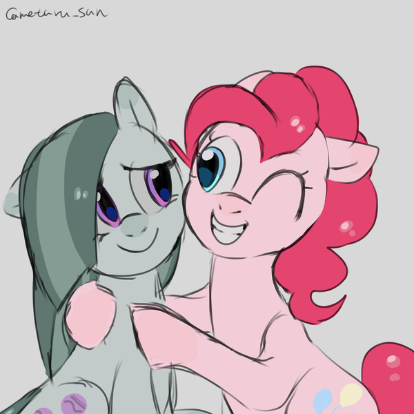 Size: 4096x4096 | Tagged: safe, artist:metaruscarlet, derpibooru import, marble pie, pinkie pie, earth pony, pony, cutie mark, gray background, image, looking at each other, looking at someone, png, simple background, smiling