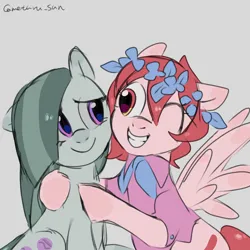 Size: 4096x4096 | Tagged: safe, artist:metaruscarlet, derpibooru import, marble pie, oc, oc:metaru scarlet, earth pony, pegasus, pony, clothes, cutie mark, flower, flower in hair, gray background, image, leaves, leaves in hair, looking at each other, looking at someone, pegasus oc, png, ponysona, simple background, smiling, spread wings, wings