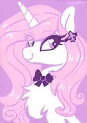 Size: 2918x4144 | Tagged: safe, artist:dandy, derpibooru import, fleur-de-lis, pony, unicorn, acrylic painting, bow, eye clipping through hair, eyebrows, eyebrows visible through hair, eyeshadow, female, g4, hairpin, high res, horn, image, limited palette, looking at you, makeup, mare, png, smiling, solo, traditional art
