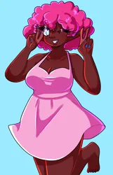 Size: 1736x2693 | Tagged: safe, artist:mylittleyuri, derpibooru import, pinkie pie, human, alternate hairstyle, barefoot, blue background, blushing, breasts, busty pinkie pie, clothes, cute, dark skin, diapinkes, dress, elf ears, feet, female, grin, humanized, image, nail polish, one eye closed, peace sign, png, simple background, smiling, solo, wink