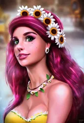 Size: 832x1216 | Tagged: safe, ai content, derpibooru import, editor:kronostorm, machine learning generated, prompter:kronostorm, stable diffusion, gloriosa daisy, equestria girls, beautiful, breasts, clothes, dress, ear piercing, earring, female, floral head wreath, flower, g4, green eyes, image, jewelry, jpeg, lipstick, milestone, necklace, piercing, realistic, sexy, sleeveless, uncanny valley