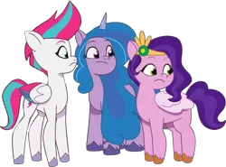 Size: 1196x883 | Tagged: safe, artist:pascalmulokozi2, derpibooru import, edit, edited screencap, screencap, izzy moonbow, pipp petals, zipp storm, pegasus, pony, unicorn, g5, my little pony: tell your tale, background removed, female, horn, image, mare, not a vector, png, royal sisters (g5), siblings, sisters, trio, trio female