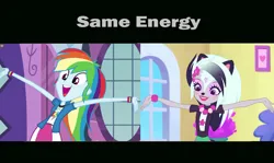 Size: 827x494 | Tagged: safe, derpibooru import, screencap, rainbow dash, human, equestria girls, equestria girls (movie), arms in the air, comparison, enchantimals, female, g4, image, jpeg, sage skunk, same energy, smiling