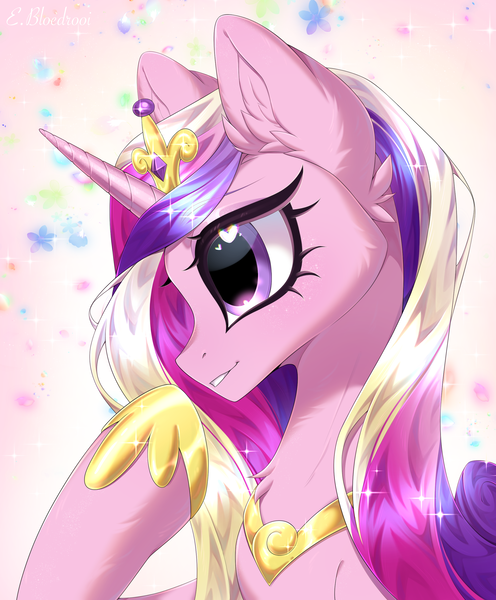 Size: 2232x2700 | Tagged: safe, artist:e-boi, derpibooru import, princess cadance, alicorn, pony, blushing, crown, cute, cutedance, digital art, ear fluff, ethereal mane, eyelashes, feather, female, flowing mane, g4, glow, glowing horn, high res, hoof shoes, horn, image, jewelry, lidded eyes, looking at you, makeup, mare, multicolored mane, peytral, pink background, png, princess shoes, purple eyes, raised hoof, raised hooves, regalia, simple background, smiling, smiling at you, solo, sparkles, spread wings, starry mane, stars, wings