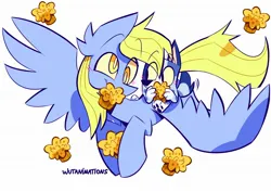 Size: 2048x1451 | Tagged: safe, artist:wutanimations, derpibooru import, derpy hooves, pegasus, pony, bluey, crossover, female, flying, food, g4, image, jpeg, mare, muffin, muffin heeler, piggyback ride, simple background, spread wings, white background, wings