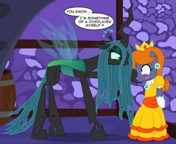 Size: 3875x3175 | Tagged: safe, artist:badumsquish, derpibooru import, queen chrysalis, star tracker, changeling, changeling queen, earth pony, pony, against wall, alley, bipedal, bipedal leaning, blushing, brooch, clothes, cosplay, costume, crossdressing, crossplay, crown, derpibooru exclusive, dress, duo, eye contact, female, flirting, gloves, gown, heart, image, jewelry, kabedon, leaning, looking at each other, looking at someone, male, nervous, png, princess daisy, regalia, scared, ship:staralis, shipping, smiling, smirk, stallion, starcrossed, super mario bros., wig
