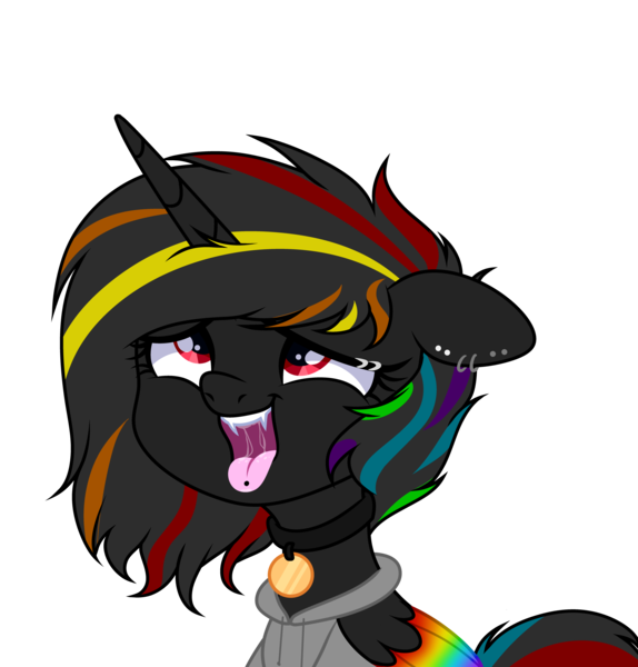 Size: 6700x7000 | Tagged: suggestive, artist:arshe12, artist:c1trine, derpibooru import, oc, oc:night rainbow, unofficial characters only, alicorn, bat pony, bat pony alicorn, pony, absurd resolution, ahegao, alicorn oc, bat pony oc, bat wings, bedroom eyes, clothes, collar, commission, drool, ear piercing, earring, eyebrow piercing, fangs, female, hoodie, horn, image, jewelry, mare, multicolored hair, open mouth, pet tag, piercing, png, rainbow hair, simple background, solo, solo female, tongue out, transparent background, wings, ych result