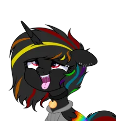 Size: 6700x7000 | Tagged: suggestive, artist:arshe12, artist:c1trine, derpibooru import, oc, oc:night rainbow, unofficial characters only, alicorn, bat pony, bat pony alicorn, pony, absurd resolution, ahegao, alicorn oc, bat pony oc, bat wings, bedroom eyes, clothes, collar, commission, drool, ear piercing, earring, eyebrow piercing, fangs, female, hoodie, horn, image, jewelry, mare, multicolored hair, open mouth, pet tag, piercing, png, rainbow hair, simple background, solo, solo female, tongue out, transparent background, wings, ych result