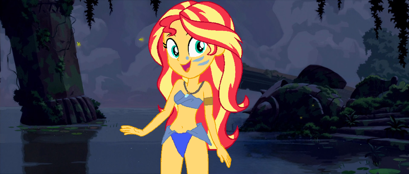 Size: 1920x816 | Tagged: safe, artist:triceratopwarrior99, derpibooru import, sunset shimmer, human, equestria girls, atlantis: the lost empire, belly button, disney, female, g4, image, kida, png, solo