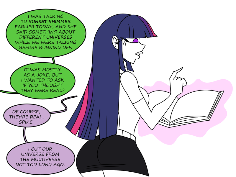 Size: 1800x1350 | Tagged: safe, artist:chillguydraws, derpibooru import, spike, twilight sparkle, human, book, butt, comic, dialogue, humanized, image, magic, multiverse, offscreen character, png, sweater vest, telekinesis, twibutt