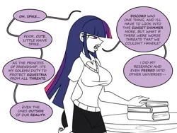 Size: 1800x1350 | Tagged: safe, artist:chillguydraws, derpibooru import, twilight sparkle, human, big breasts, book, breasts, busty twilight sparkle, comic, dialogue, humanized, image, multiverse, offscreen character, png, sweater vest, table