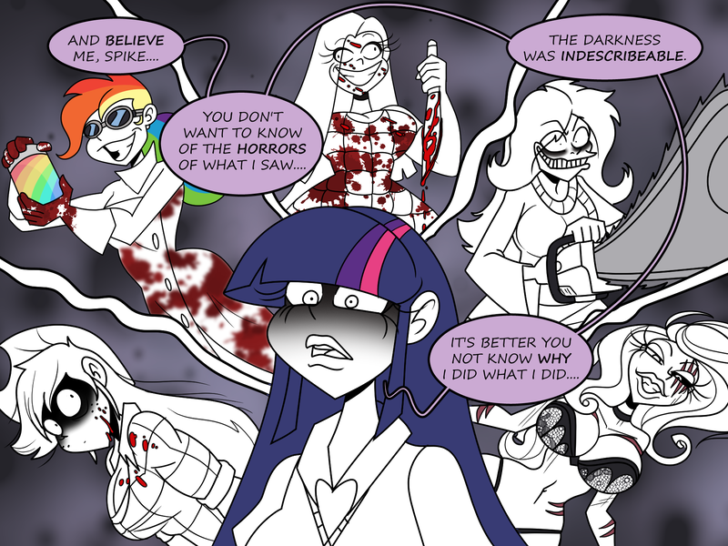 Size: 1800x1350 | Tagged: questionable, semi-grimdark, artist:chillguydraws, derpibooru import, applejack, fluttershy, pinkie pie, rainbow dash, rarity, twilight sparkle, human, fanfic:cupcakes, fanfic:rainbow factory, applejacked, blood, blood splatter, blood stains, breasts, busty applejack, busty fluttershy, busty pinkie pie, busty rarity, chainsaw, cleavage, clothes, comic, dialogue, fanfic art, goggles, horrified, humanized, image, implied murder, jar, knife, lab coat, lingerarity, lingerie, liquid rainbow, mad scientist, multiverse, murdershy, muscles, offscreen character, pinkamena diane pie, png, scar, sweater, sweater vest, sweatershy