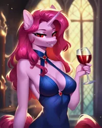 Size: 2048x2560 | Tagged: suggestive, ai content, derpibooru import, machine learning generated, stable diffusion, oc, oc:rosa maledicta, unofficial characters only, anthro, undead, unicorn, vampire, equestria at war mod, absolute cleavage, alcohol, anthro oc, bedroom eyes, belly button, big breasts, blue dress, breasts, cleavage, clothes, dress, female, generator:pony diffusion v6 xl, glass, horn, image, indoors, jewelry, jpeg, looking at you, prompter:frostru, sexy, sideboob, slit pupils, smiling, smiling at you, solo, solo female, thin, tight clothing, unicorn oc, wine, wine glass
