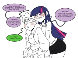Size: 1800x1350 | Tagged: suggestive, artist:chillguydraws, derpibooru import, spike, twilight sparkle, human, bedroom eyes, blushing, breasts, busty twilight sparkle, butt, clothes, comic, dialogue, female, hoodie, humanized, image, implied shipping, implied straight, implied twispike, male, png, shipping, straight, sweater vest, twibutt, twispike