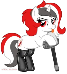 Size: 5394x6000 | Tagged: safe, artist:jennieoo, derpibooru import, oc, oc:red rocket, unicorn, :p, angry, hammer, horn, image, latex, png, tongue out