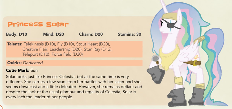 Size: 1196x562 | Tagged: safe, artist:chris cæsar, derpibooru import, official, princess celestia, alicorn, pony, tails of equestria, the haunting of equestria, alternate universe, bandage, bandaged leg, bandana, boots, clothes, eye scar, eyepatch, facial scar, female, g4, headband, image, mare, png, princess solar, reference sheet, scar, shoes, simple background, solo