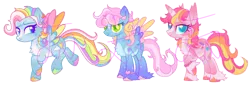 Size: 1440x492 | Tagged: safe, artist:elementbases, artist:mint-light, artist:movie95, derpibooru import, oc, pegasus, pony, unicorn, g3, adoptable, adoptable open, base used, bracelet, chest fluff, ear piercing, earring, female, fusion, fusion:cheerilee, fusion:rainbow dash, fusion:starcatcher, fusion:thistle whistle, fusion:toola-roola, fusion:twilight sparkle, g4, horn, image, jewelry, looking back, mare, obtrusive watermark, pegasus oc, piercing, png, simple background, smiling, spread wings, tail, transparent background, unicorn oc, unshorn fetlocks, watermark, wings