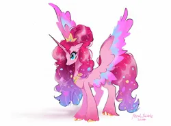 Size: 2048x1504 | Tagged: safe, artist:petaltwinkle, derpibooru import, pinkie pie, alicorn, pony, alicornified, blue eyes, colored hooves, colored wings, colored wingtips, crown, curly mane, curly tail, eyelashes, eyeshadow, female, g4, gradient ears, gradient horn, gradient legs, gradient mane, gradient tail, hair bun, horn, image, jewelry, jpeg, lipstick, long horn, long legs, long mane, long tail, makeup, mare, multicolored wings, peytral, pink coat, pink mane, pink tail, pinkiecorn, race swap, regalia, shiny hoof, signature, simple background, smiling, solo, sparkly mane, sparkly tail, spread wings, tail, tall, tiara, unshorn fetlocks, white background, wing fluff, wingding eyes, wings, xk-class end-of-the-world scenario