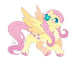 Size: 712x577 | Tagged: safe, artist:movie95, derpibooru import, fluttershy, pegasus, pony, blushing, cheek fluff, chest fluff, colored hooves, female, flower, g4, image, mare, png, signature, simple background, smiling, solo, spread wings, tail, transparent background, unshorn fetlocks, wings