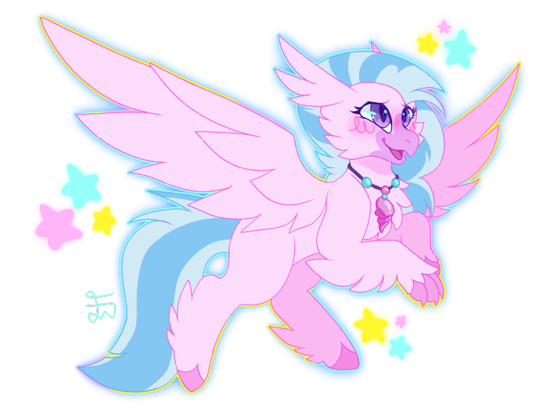 Size: 760x577 | Tagged: safe, artist:movie95, derpibooru import, silverstream, hippogriff, beak, blush scribble, blushing, female, g4, image, jewelry, necklace, open mouth, open smile, png, signature, simple background, smiling, solo, spread wings, stars, transparent background, wings