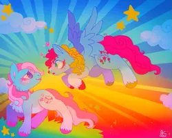 Size: 723x577 | Tagged: safe, artist:movie95, derpibooru import, minty, thistle whistle, earth pony, pegasus, pony, g3, 2023, blushing, chest fluff, cloud, cringetober, dreamcore, duo, duo female, female, floating heart, glitchcore, heart, image, lesbian, looking at each other, looking at someone, looking up, mare, open mouth, open smile, outdoors, png, raised hoof, ship:mintywhistle, shipping, signature, smiling, spread wings, stars, tail, unshorn fetlocks, wings