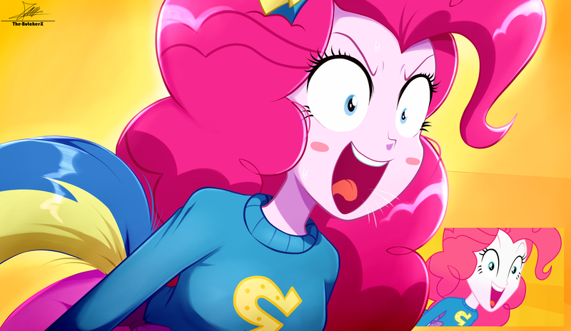 Size: 3334x1934 | Tagged: safe, artist:the-butch-x, derpibooru import, pinkie pie, human, equestria girls, equestria girls (movie), 2d, clothes, female, g4, hairband, helping twilight win the crown, image, open mouth, png, reference, simple background, skirt, smiling, solo, sweater, tail, uniform, wide eyes, wonderbolts uniform, yelling, yellow background