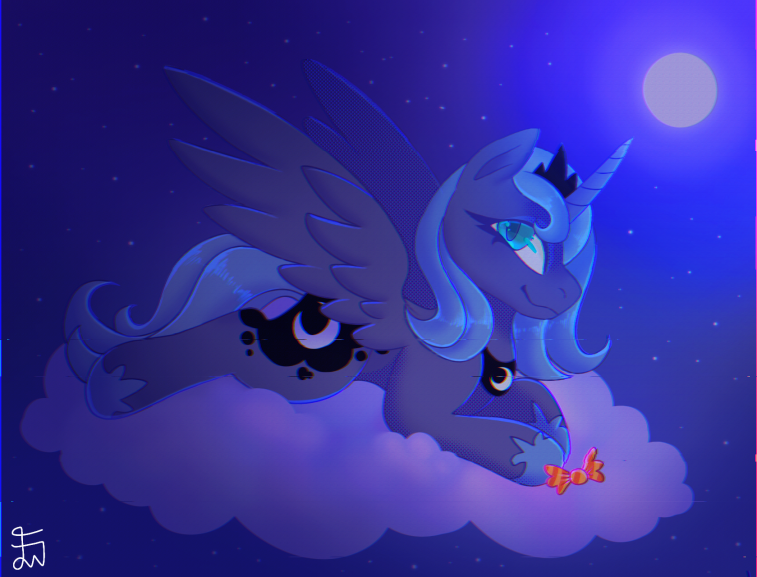 Size: 757x577 | Tagged: safe, artist:movie95, derpibooru import, princess luna, alicorn, pony, candy, cloud, female, food, full moon, g4, horn, image, jewelry, lying down, lying on a cloud, mare, moon, nightmare night, on a cloud, outdoors, peytral, png, prone, s1 luna, signature, smiling, solo, starry night, tail, tiara