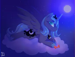 Size: 757x577 | Tagged: safe, artist:movie95, derpibooru import, princess luna, alicorn, pony, candy, cloud, female, food, full moon, g4, horn, image, jewelry, lying down, lying on a cloud, mare, moon, nightmare night, on a cloud, outdoors, peytral, png, prone, s1 luna, signature, smiling, solo, starry night, tail, tiara