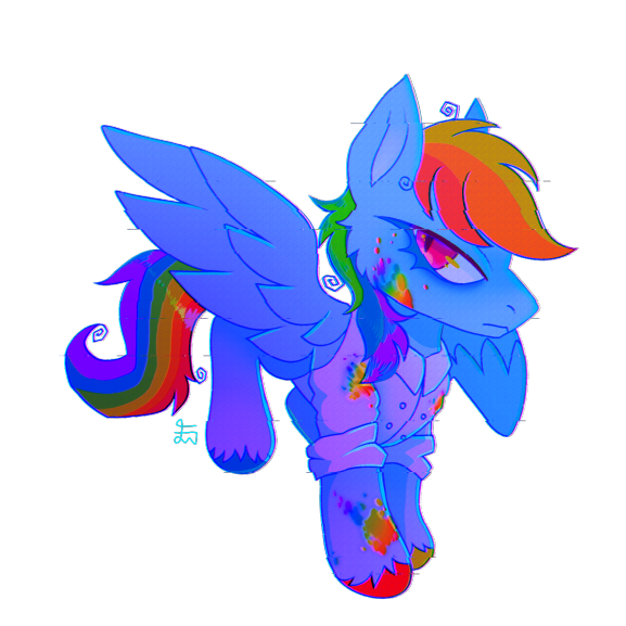 Size: 577x577 | Tagged: semi-grimdark, artist:movie95, derpibooru import, rainbow dash, pegasus, pony, fanfic:rainbow factory, blood, clothes, colored hooves, cringetober, fanfic art, female, g4, glitchcore, hooves, image, looking back, mare, multicolored hooves, png, rainbow blood, shirt, signature, simple background, solo, spread wings, transparent background, unshorn fetlocks, wings