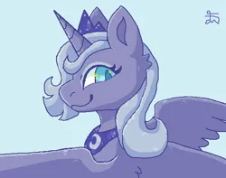 Size: 544x429 | Tagged: safe, artist:movie95, derpibooru import, princess luna, alicorn, pony, female, g4, horn, image, jewelry, looking at you, ms paint, peytral, png, s1 luna, signature, smiling, solo, spread wings, tiara, wings