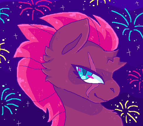 Size: 489x428 | Tagged: safe, artist:movie95, derpibooru import, fizzlepop berrytwist, tempest shadow, pony, unicorn, broken horn, bust, eye scar, facial scar, female, fireworks, g4, horn, image, mare, ms paint, night, outdoors, png, portrait, scar, smiling, solo