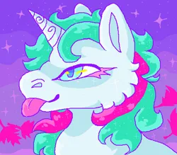 Size: 489x428 | Tagged: safe, artist:movie95, derpibooru import, gusty, pony, unicorn, g1, bust, cheek fluff, falling leaves, horn, horn pattern, image, leaves, ms paint, outdoors, png, portrait, smiling, starry night, tongue out