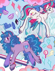 Size: 1075x1394 | Tagged: safe, artist:youssoupoff, derpibooru import, izzy moonbow, zipp storm, pegasus, pony, unicorn, g5, blush scribble, blushing, bracelet, chest fluff, crystal, cup, duo, duo female, female, friendship bracelet, heart, horn, image, izzy moonbow's cutie mark, jewelry, jpeg, mare, pride, pride month, signature, smiling, sparkles, tail, teacup, unshorn fetlocks, wings, zipp storm's cutie mark
