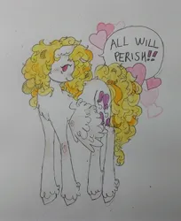 Size: 2115x2589 | Tagged: safe, artist:youssoupoff, derpibooru import, surprise, pegasus, pony, g1, blush lines, blushing, dialogue, female, heart, image, jpeg, mare, smiling, solo, speech bubble, tail, threat, traditional art