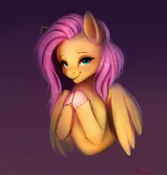 Size: 2920x3068 | Tagged: safe, artist:miokomata, derpibooru import, fluttershy, pegasus, pony, bust, female, freckles, freckleshy, gradient background, hooves together, image, jpeg, looking at you, mare, smiling, smiling at you, solo