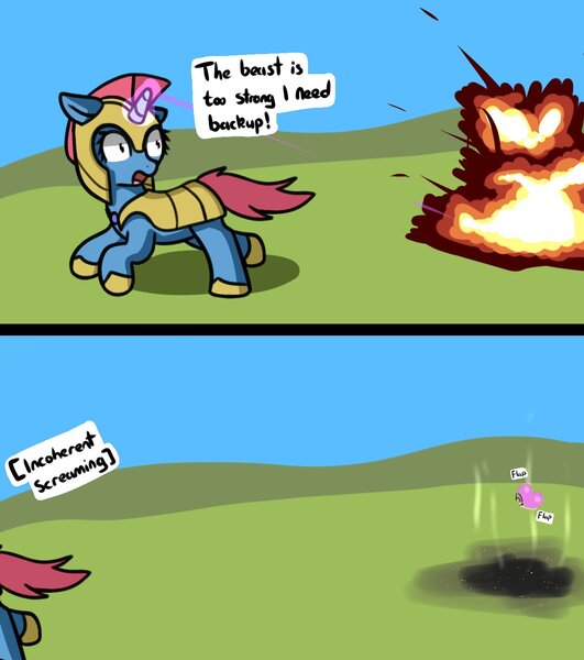 Size: 1200x1355 | Tagged: safe, artist:neuro, derpibooru import, butterfly, insect, pony, unicorn, adorable distress, comic, cute, descriptive noise, dialogue, explosion, female, glow, glowing horn, guardsmare, horn, image, jpeg, looking back, mare, panic, royal guard, running, solo, speech bubble, turned head