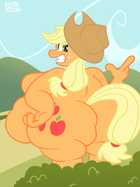 Size: 3024x4032 | Tagged: questionable, artist:fujianuzi, derpibooru import, applejack, anthro, earth pony, pony, applefat, applejack's hat, breasts, bush, butt, cowboy hat, fat, female, floppy ears, freckles, g4, grin, hand on hip, hat, huge butt, image, large butt, looking at you, looking back, looking back at you, mare, nudity, obese, outdoors, png, rear view, smiling, solo, solo female