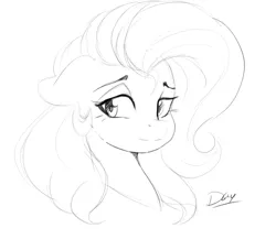 Size: 897x780 | Tagged: safe, artist:thelunarmoon, derpibooru import, fluttershy, pegasus, pony, bust, female, floppy ears, g4, grayscale, image, looking offscreen, mare, monochrome, png, signature, simple background, sketch, solo, white background