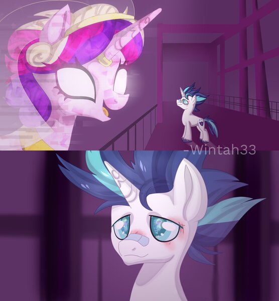 Size: 2000x2160 | Tagged: safe, artist:wintah33, derpibooru import, princess cadance, shining armor, alicorn, pony, unicorn, 2 panel comic, 2024, alternate hairstyle, bandaid, blade runner 2049, comic, duo, duo male and female, female, g4, glow, glowing eyes, hologram, horn, horn ring, image, injured, jewelry, jpeg, larger female, male, mare, meme, messy mane, open mouth, open smile, ring, ship:shiningcadance, shipping, signature, size difference, smaller male, smiling, stallion, straight, tail, the bride and the ugly ass groom, toy interpretation, unshorn fetlocks, wedding veil