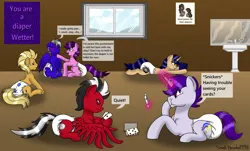 Size: 5030x3030 | Tagged: suggestive, artist:small-brooke1998, derpibooru import, oc, oc:beau style, oc:delta, oc:sirius canis major, oc:tilly, earth pony, pegasus, pony, unicorn, card, commission, desperation, diaper, diaper fetish, dripping water, dropkick (transformers), fetish, horn, hypnosis, image, imprisonment, need to pee, non-baby in diaper, omorashi, pissing, png, poster, potty emergency, potty time, redraw, shatter (transformers), sink, transformers, urine, wetting