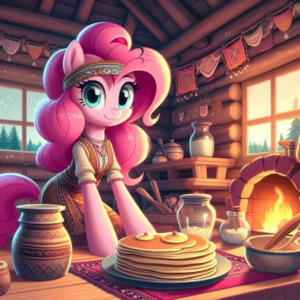 Size: 1024x1024 | Tagged: safe, ai content, derpibooru import, machine learning generated, pinkie pie, earth pony, pony, semi-anthro, clothes, cyrillic, female, fireplace, food, image, jpeg, kitchen, mare, russian, slavic, solo
