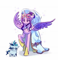Size: 1708x1777 | Tagged: safe, artist:teaflower300, derpibooru import, princess cadance, shining armor, alicorn, pony, unicorn, 2024, alternate hairstyle, clothes, dilated pupils, dress, duo, duo male and female, female, g4, height difference, hoof shoes, horn, horn ring, image, jewelry, jpeg, larger female, lidded eyes, looking down, male, mare, meme, messy mane, messy tail, princess shoes, raised hoof, redraw, ring, ship:shiningcadance, shipping, simple background, size difference, smaller male, smiling, sparkles, spread wings, stallion, straight, tail, the bride and the ugly ass groom, toy interpretation, wedding dress, wedding veil, white background, wide eyes, wings